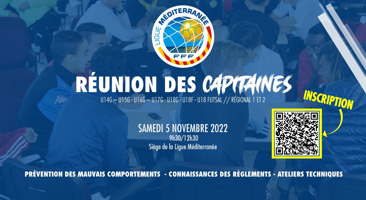 La <a href="/lmedfoot/">Ligue Méditerranée</a> organise sa réunion de sensibilisation pour les jeunes capitaines le Samedi 5 Novembre 2022 à Aix en Provence de 9h30 à 12h30.
L'inscription est obligatoire avant le 31 Octobre 2022 via ce lien : bit.ly/3CTfhME

Jeunes Capitaines, A Vos Inscriptions ! ⚽️