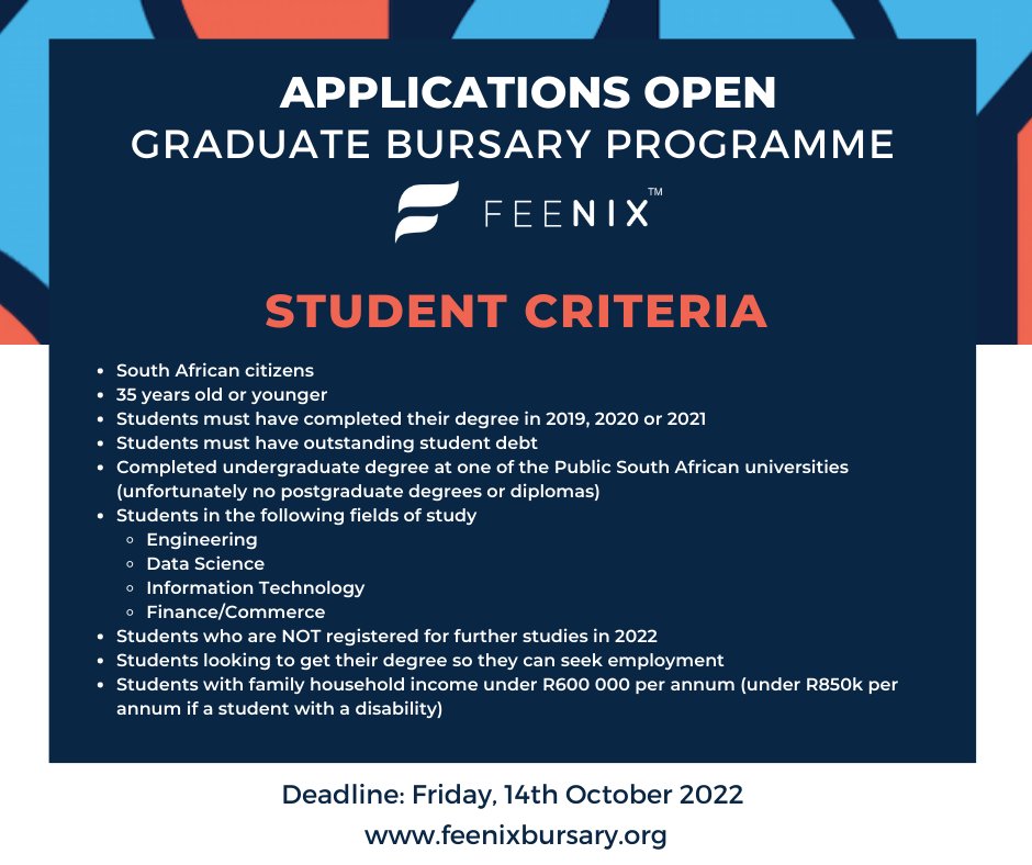 SeemeGosego's tweet photo. Deadline is Friday, 14th October 2022⌛

APPLY: Graduate Bursary opportunity! 📢  
Be sure to read through the attached image to see if you fit the qualifying criteria. 🎯

Apply Here: https://t.co/xWjFsmNuuB https://t.co/WoMVcO7kYp https://t.co/Sg0qvkIn9a