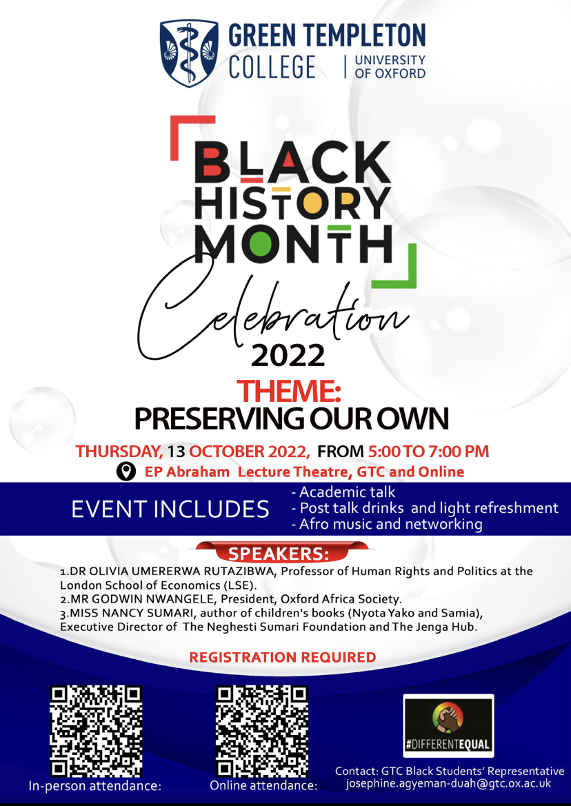 TONIGHT: Black History Month Celebration 'Preserving our own' focuses on Black excellence and beauty. Thursday 13 October from 17:00 to 19:00 at Green Templeton College and Online! Find out more and register: gtc.ox.ac.uk/news-and-event…