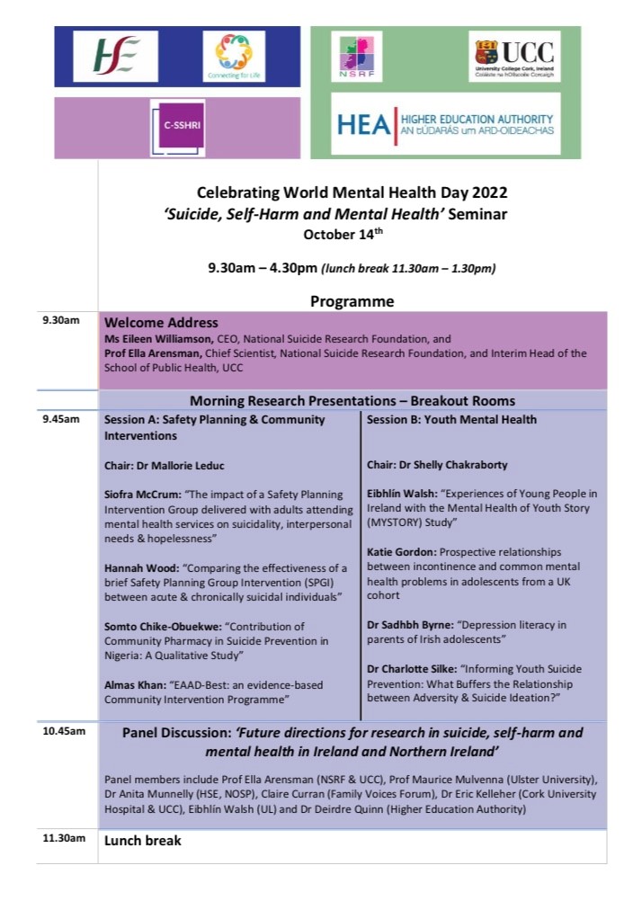 NSRFIreland's tweet photo. We are pleased to share the final programme for our #WorldMentalHealthDay2022 Virtual Seminar on Friday October 14th!

▶️Keynote lecture
▶️Research presentations
▶️Panel discussion
▶️Masterclasses

Register here: https://t.co/4kgygfLae5

#WMHD22Nsrf #ConnectingforLife https://t.co/s6LgV6uhaQ
