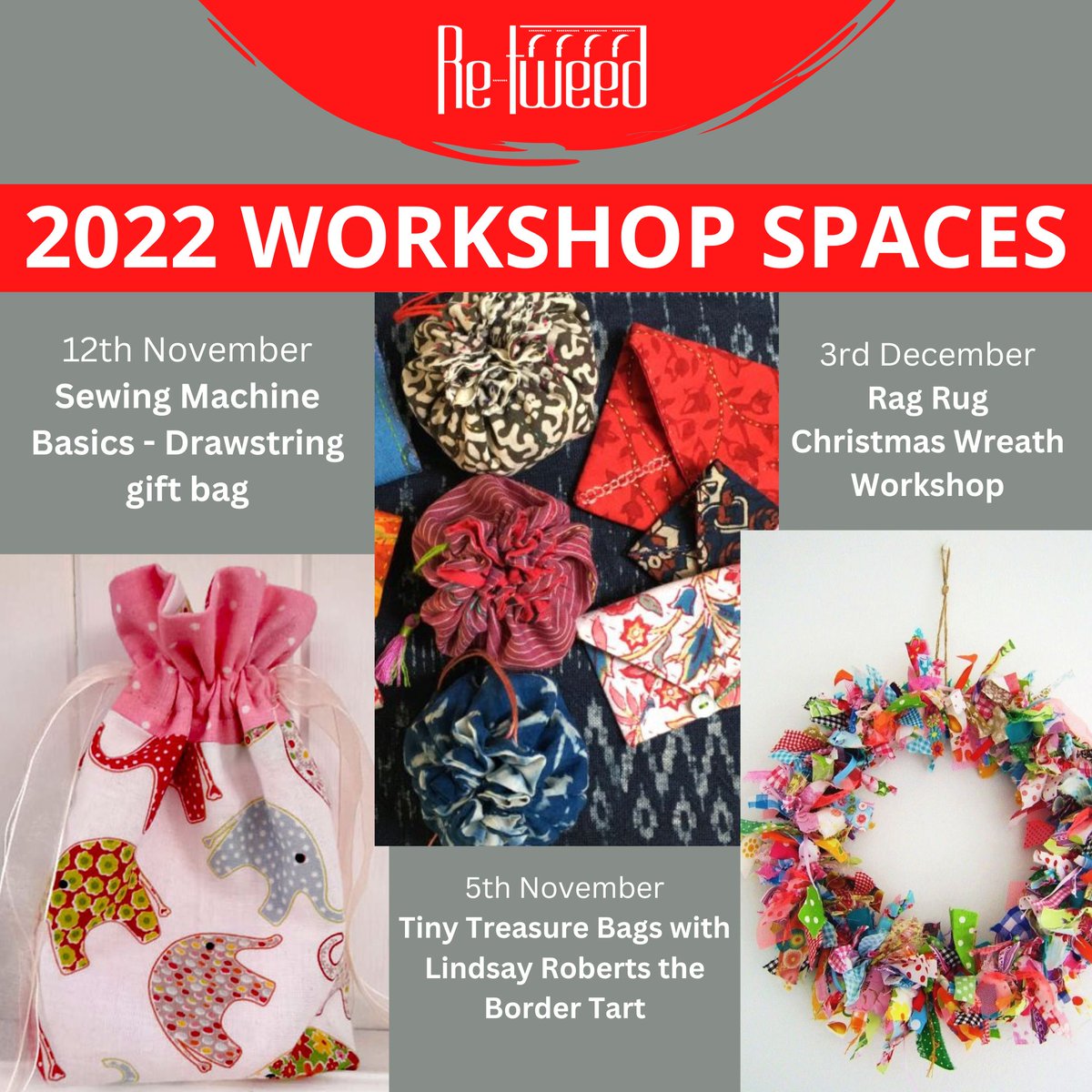 weareReTweed's tweet photo. Where did 2022 go?! We're digging out our winter woolies and getting ready for the Christmas countdown ❄️🎄In the meantime, we have some Saturday workshops to run. We have spaces on these workshops.
More info/booking at https://t.co/fe5jqoI1wi #weekendworkshops https://t.co/9alhW1ZnEm