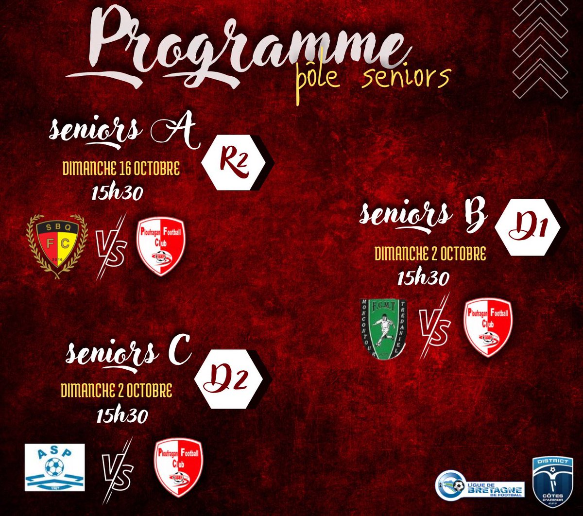 PloufraganFC's tweet photo. ⚽️𝓟𝓻𝓸𝓰𝓻𝓪𝓶𝓶𝓮 𝓼𝓮𝓷𝓲𝓸𝓻𝓼 ⚽️

Ce week-end 👇🏽

Retour au championnat 💪🏽
✈️ L’ensemble de nos équipes seniors se déplacent à l’extérieur 

#GOPFC🔴⚪️ https://t.co/I9dulZNHKh