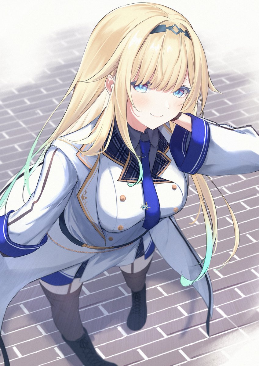 1girl solo blonde hair blue necktie thighhighs long hair blue eyes  illustration images