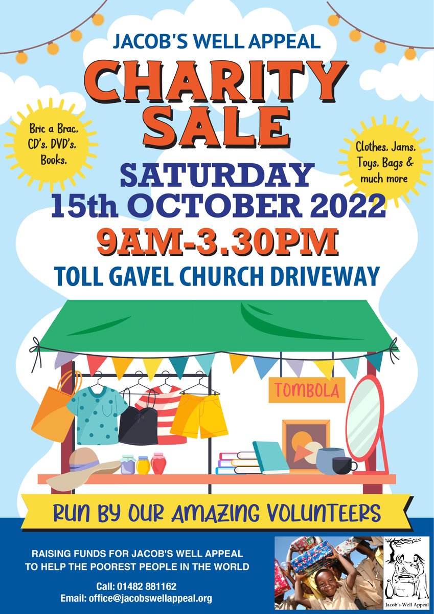 Charity Sale. Sat. 15 Oct Toll Gavel Church Driveway.
Loads of Bargains - all sorts of things to guy.
Run by our amazing Volunteers to clear stock and raise funds for our valuable humanitarian work.