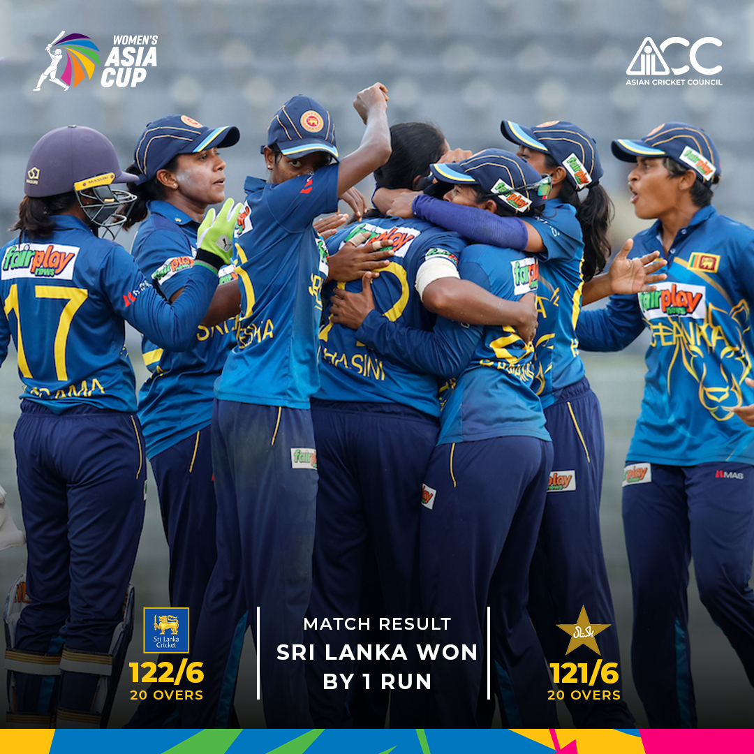 ACCMedia1's tweet photo. And there we have it! Our second finalist of the #WomensAsiaCup2022 🏆 is Sri Lanka 🇱🇰!
A hard-fought, edge-of-the-seat finish to clinch the win over Pakistan 🇵🇰 by a single run, and enter the finals in style. 🔥
#PAKvSRL #AsianCricketCouncil #ACC https://t.co/0taHm6e8XL