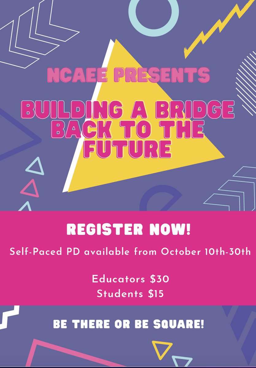 NCAEE1's tweet photo. NCAEE proudly presents "Building a Bridge Back to the Future!"  Our 80's themed sessions provide a variety of learning opportunities for educators to learn at their own pace.

You can sign up at https://t.co/7gactLq2as during the month of October to join in on the learning! https://t.co/LanMMy6fqN