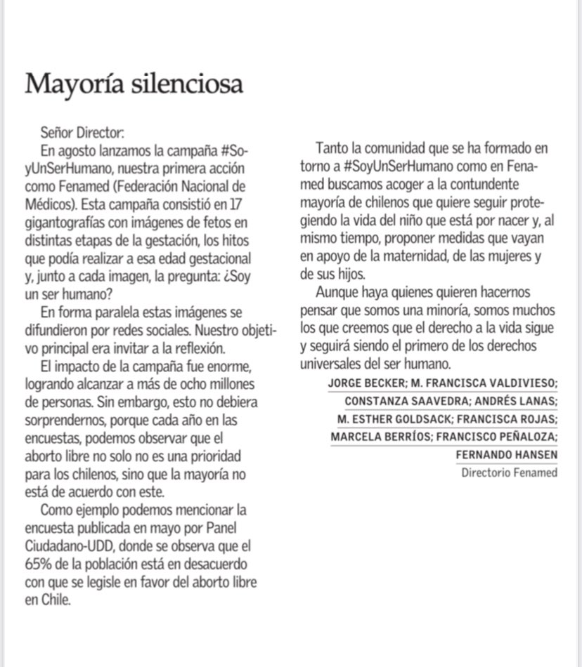Compartimos nuestra carta publicada hoy en El Mercurio. El resultado de nuestra campaña #SoyUnSerHumano es concordante con las encuestas: Somos mayoría los que defendemos la vida del niño por nacer y los que queremos ayudas concretas y de fondo para las mujeres y sus hijos.