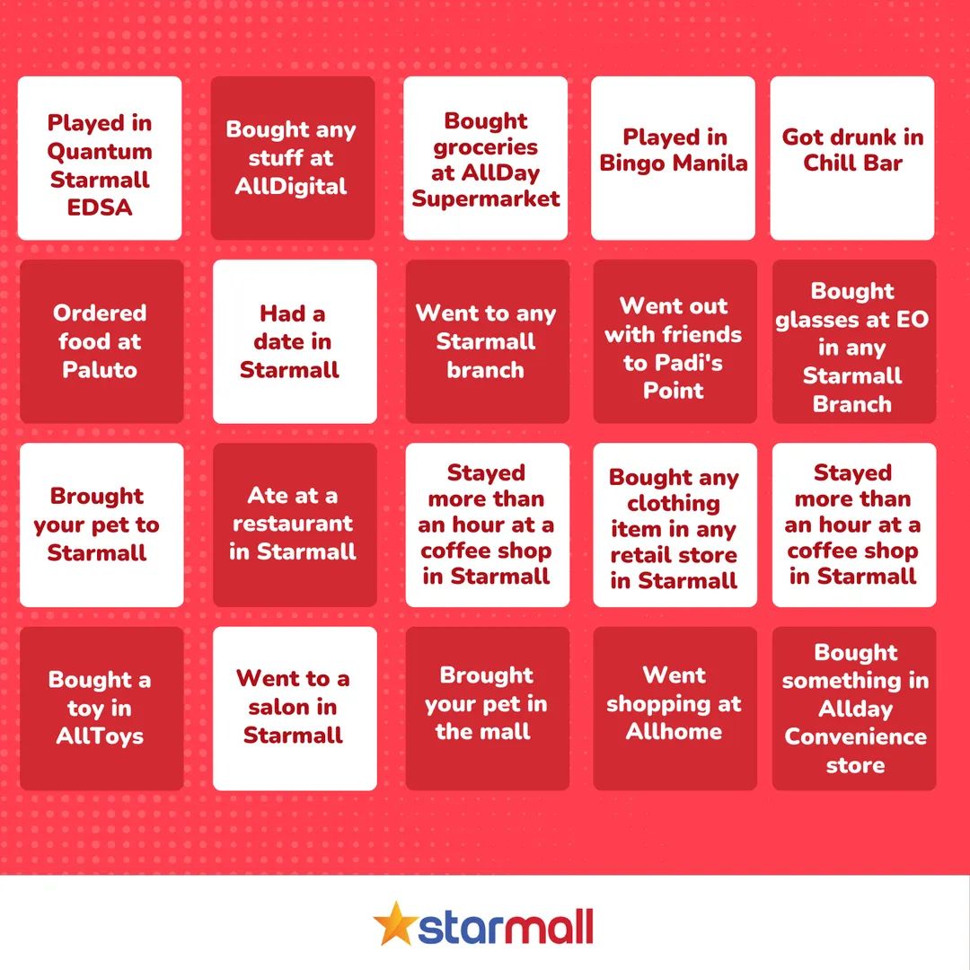 StarmallsPH's tweet photo. Let’s play bingo! Have you done these activities in Starmall yet? Mark it down and share it with us!

#Starmall https://t.co/lffF0gtswR