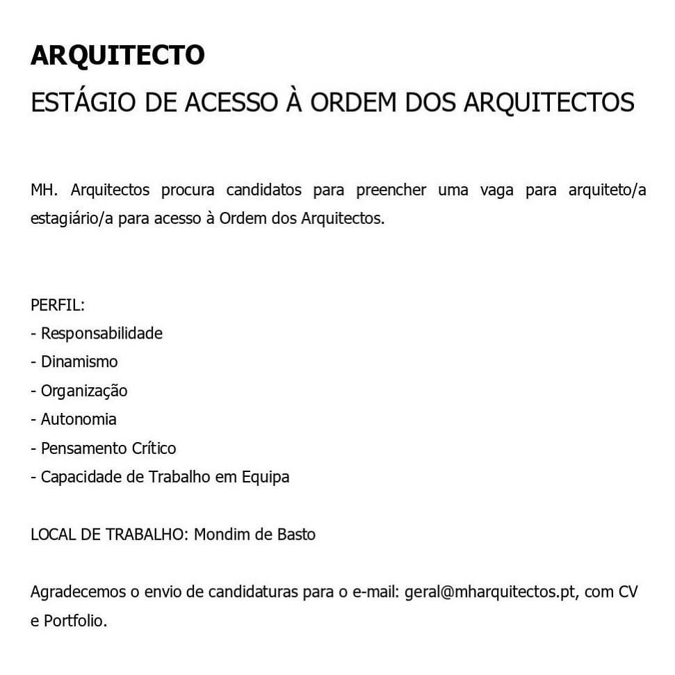 MH. Arquitectos (@mharquitectos) on Twitter photo Admite-se arquitecto para estágio de acesso à Ordem dos Arquitectos.
CV e Portfolio para geral@mharquitectos.pt Admite-se arquitecto para estágio de acesso à Ordem dos Arquitectos.
CV e Portfolio para geral@mharquitectos.pt