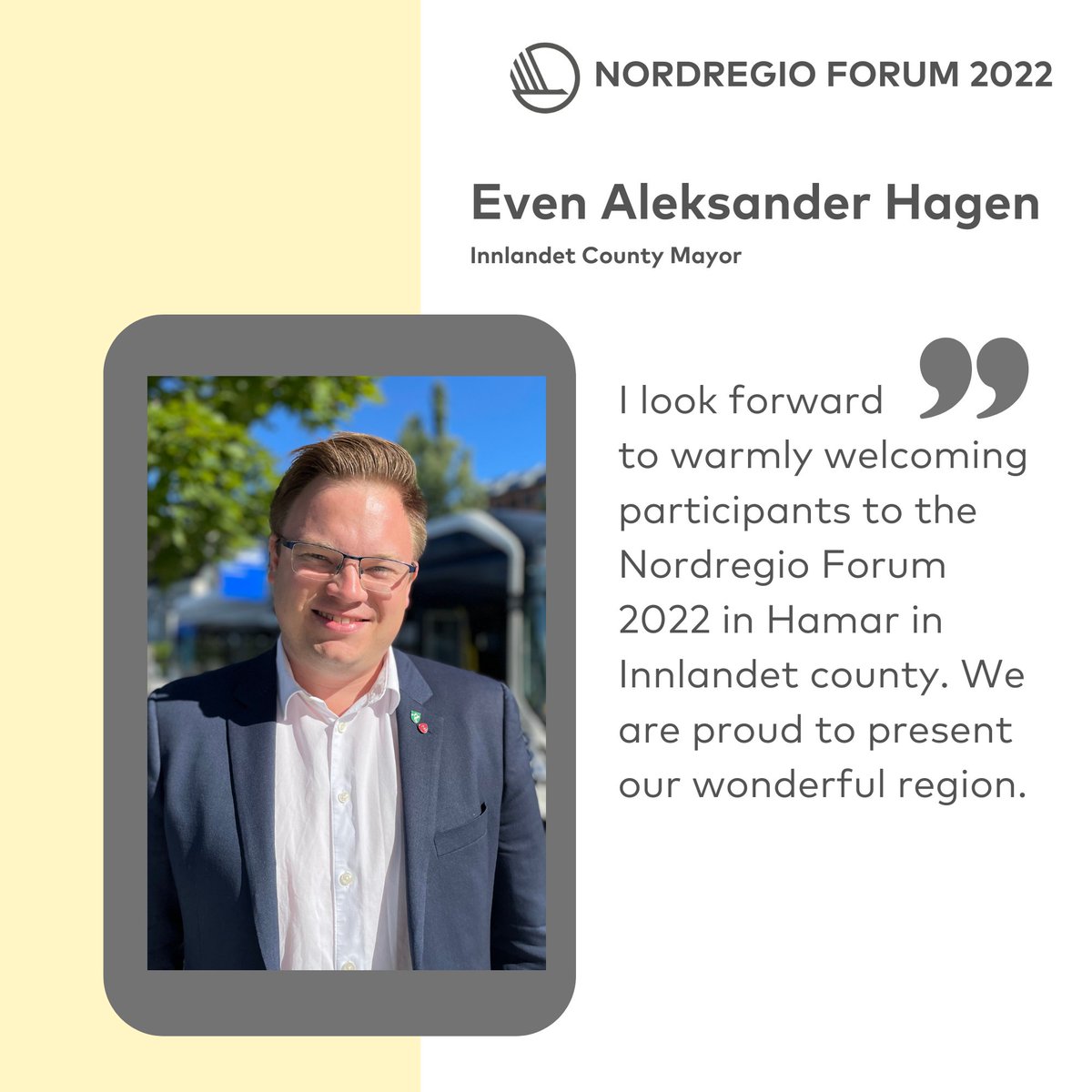Nordregio's tweet photo. Even Aleksander Hagen, Innlandet County Mayor welcomes you at #NordregioForum2022! What are the region’s experiences in building a sustainable and inclusive labour market?https://t.co/QTv6IsIqQe https://t.co/HJPM2mClIB