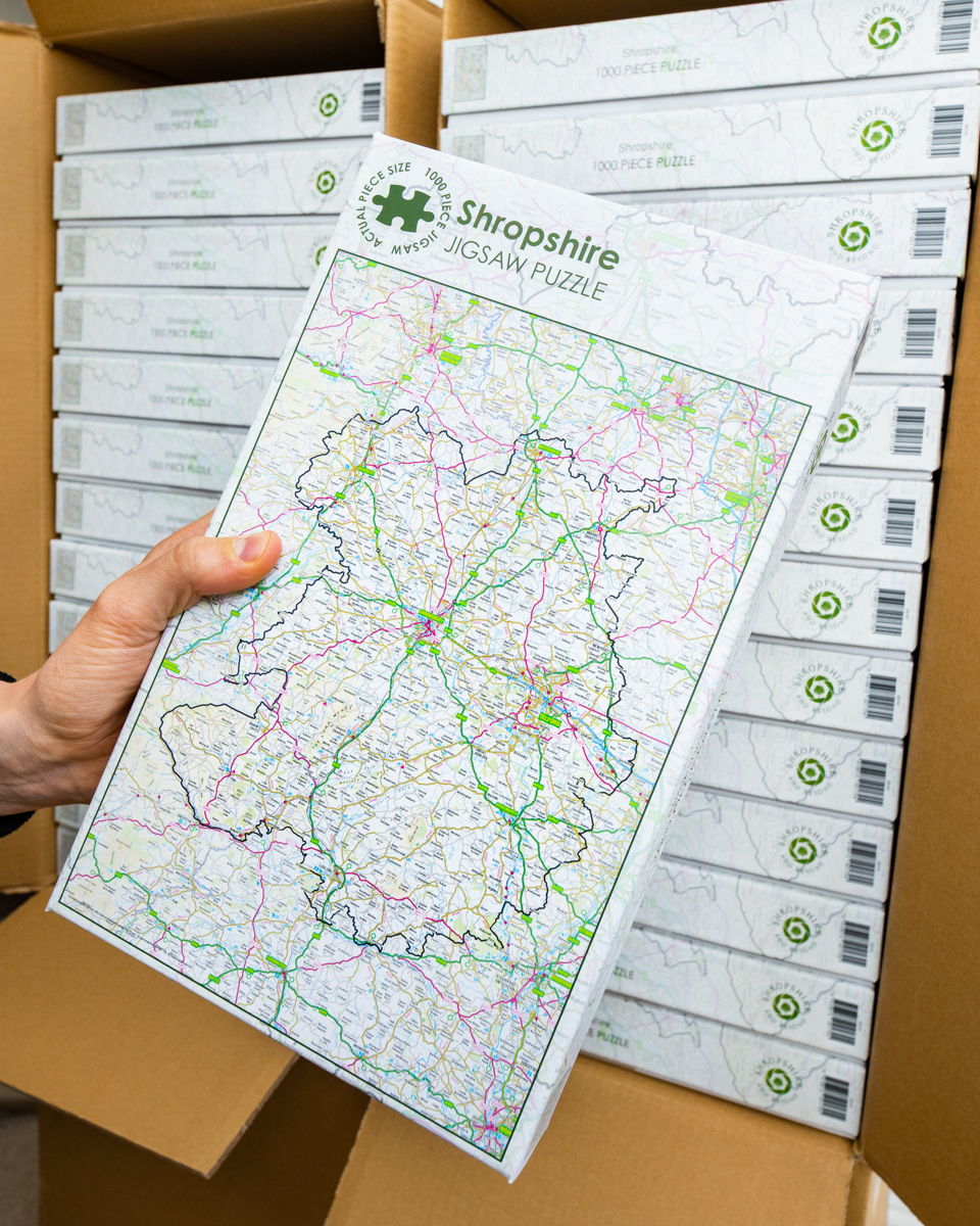 ShropsJigsaws's tweet photo. Just arrived! Our latest 1000-piece jigsaw is a map of #Shropshire that will test your knowledge of the county. The warehouse is filling up with jigsaws in time for Christmas, so don't miss out! Check out the full range on our website: https://t.co/IrZQzQQ3os 🙂 https://t.co/F9EeJUjOLJ