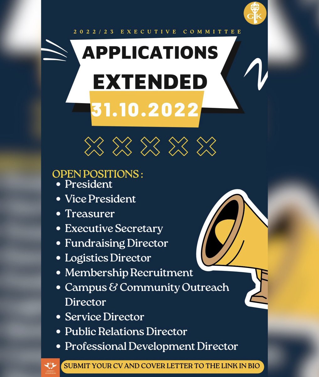 GoldenKeyUJ's tweet photo. Hey Goldies 💫

Come and join our GKUJ team 🤩

We are extending our applications until the 31st of October 2022 🗓️.  Do you want to apply now but got questions? Comment down below or send us a dm. Click the link to apply ! https://t.co/Ji8yteYHdu

#yesgk
#gksa https://t.co/HoZf1UvYhV