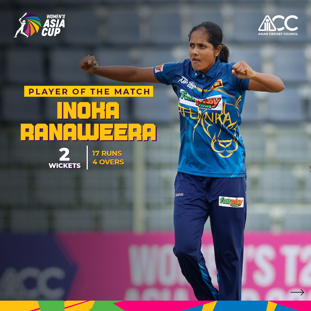 ACCMedia1's tweet photo. Inoka Ranaweera's 🇱🇰 2/17 in her quota of 4 overs, which includes a crucial maiden, has won her the Player of the Match title.
#PAKvSRL #WomensAsiaCup2022 #AsianCricketCouncil #ACC https://t.co/DJ4SfPUQuE