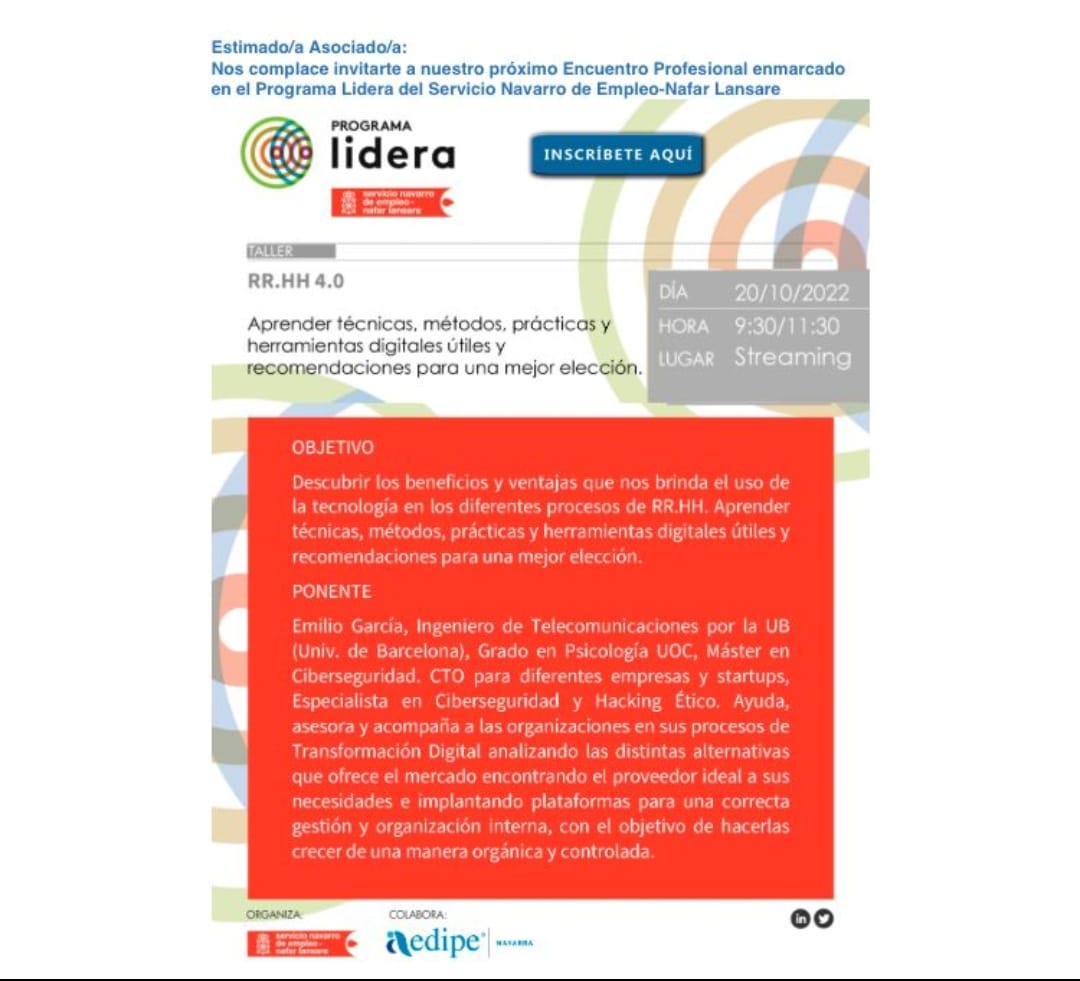 A una semana de la formación que daremos para el Servicio Navarro de Empleo con la colaboración de Aedipe.

#aedipe #rrhh #formacion #navarra #emilio_garcia_consultor_it #empleo #digitalizacion #transformaciondigital
