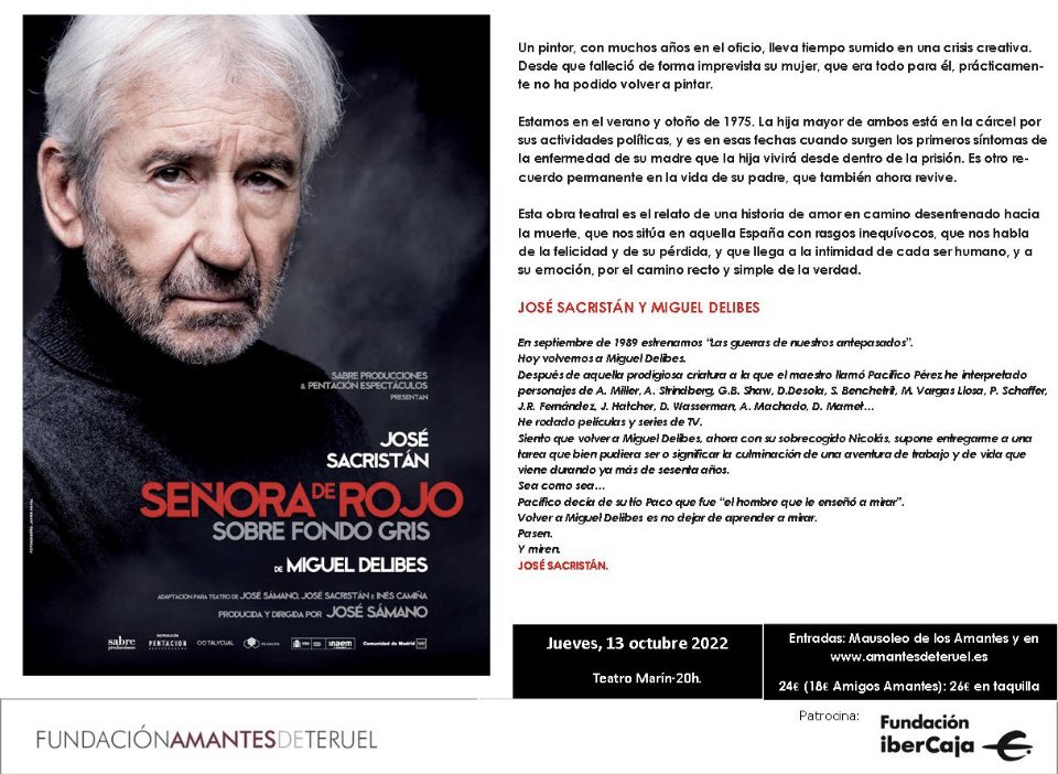 nLineaConTeruel's tweet photo. #FundacionAmantesdeTeruel #FundacionIbercaja #JoseSacristan #señoraderojosobrefondogris #MiguelDelibes #Teruel. https://t.co/1CNY2OwpUh