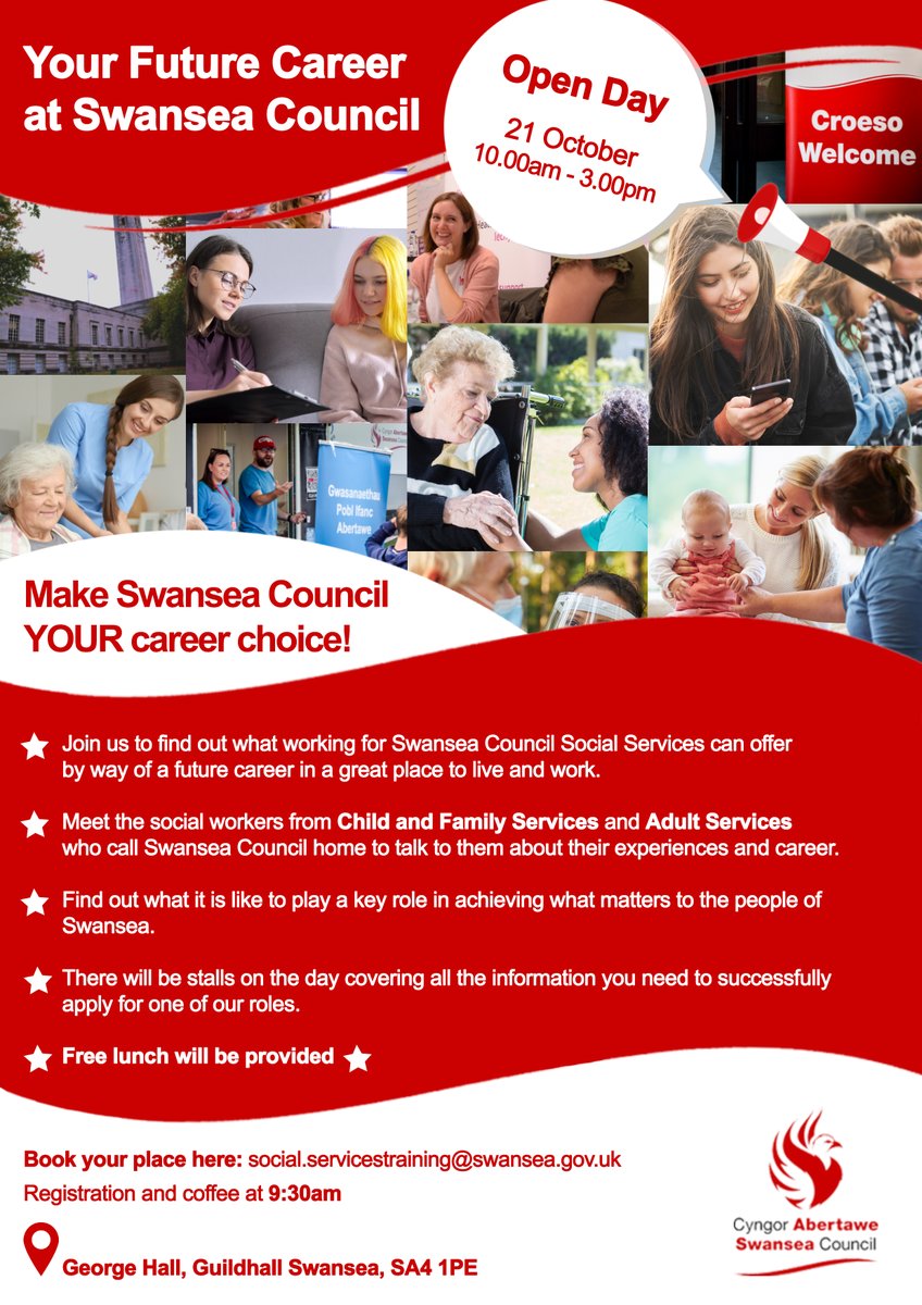 Social Worker Open Day for Third Year Students - 21st October, 10am-3pm.
Join us to find out what working for Swansea Council’s Social Services can offer.
Book your place here: social.servicestraining@swansea.gov.uk

<a href="/SwanseaUni/">Swansea University</a>
@SUSocialScience
@SwanseaHSC
<a href="/cardiffmet/">Cardiff Metropolitan University</a>