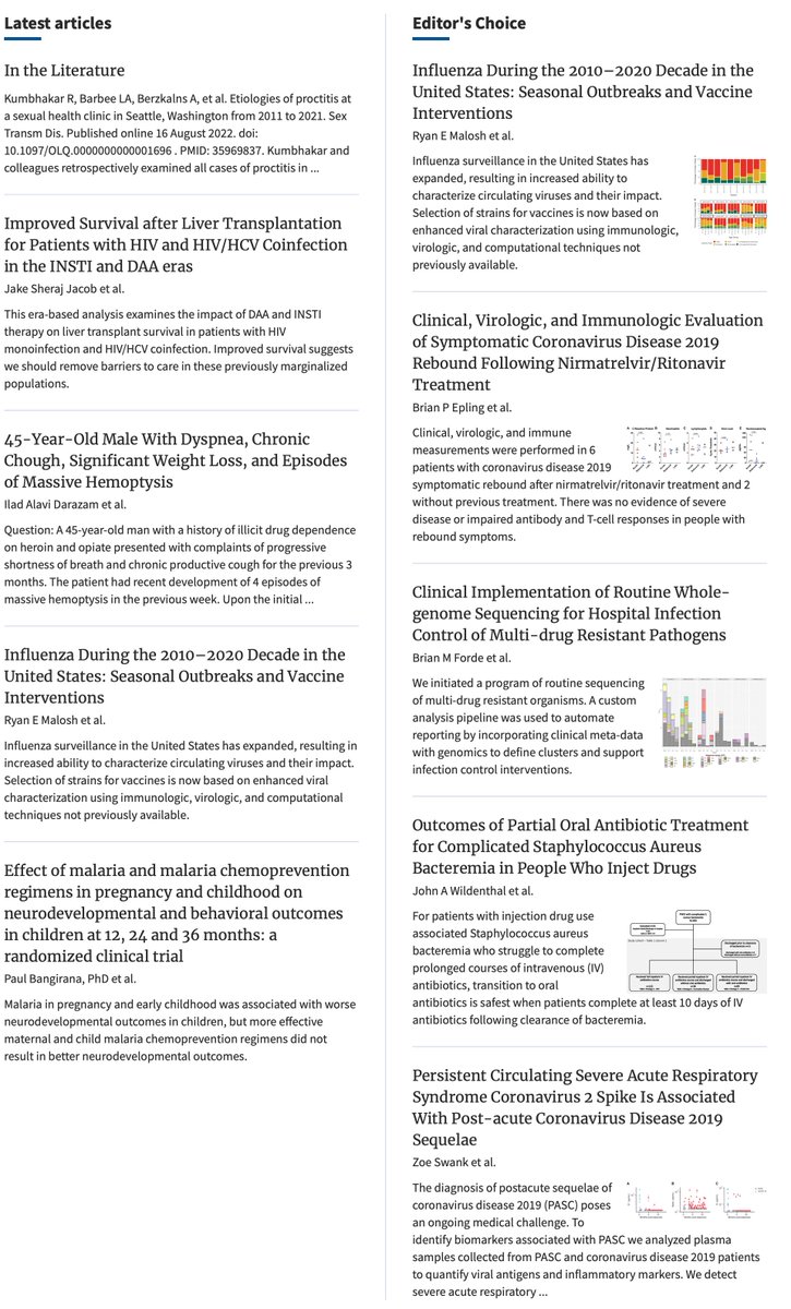 Check out the display of recently published papers on the home page on @CIDJournal -- we're trying to make it easier to view new content and highlights. Includes author-written short summaries, and papers highlighted at 'Editor's Choice'. academic.oup.com/cid