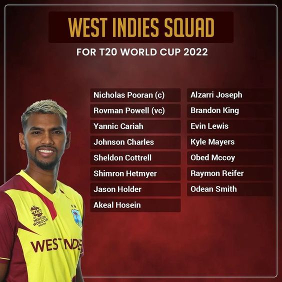 SportsRAEx's tweet photo. #TeamWestIndies Squad of #ICC Men's #T20 #WorldCup2022
We will discuss the Team #WISquad for #T20WC 2022 with in detail #WestIndiesSquad
๐https://t.co/F8BAzXvqVU
#SportsRAEx #TeamWISquad #TeamWI #WC2022 #T20WC2022 #Cricket #CricketRecords #CricketNews #CricketFacts #worldCup https://t.co/xYWyOtrMu0