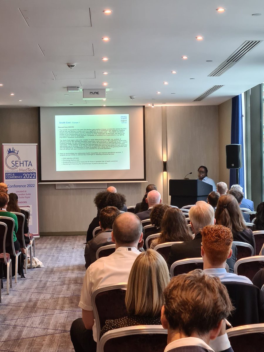 SEHTA_UK's tweet photo. Our panel session on Health & Social Care priorities discussing inequalities and sustainability sponsored by @KSSAHSN on now @ #SEHTA2022MedTechExpo https://t.co/Fnh1gRddBW
