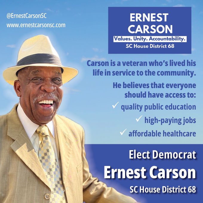 Midwest_Voter's tweet photo. Carson served in the U.S. Army and Air Natl Guard. After earning BA degree in LA and Accounting he became a teaching assistant. He believes in serving his community.

@ErnestCarsonSC  https://t.co/kknNcwLJPC   #SC68

 #DemVoice1   #ONEV1 #BLUEDOT #LiveBlue2022  #ResistanceUnited https://t.co/FALFoKQ4Yv