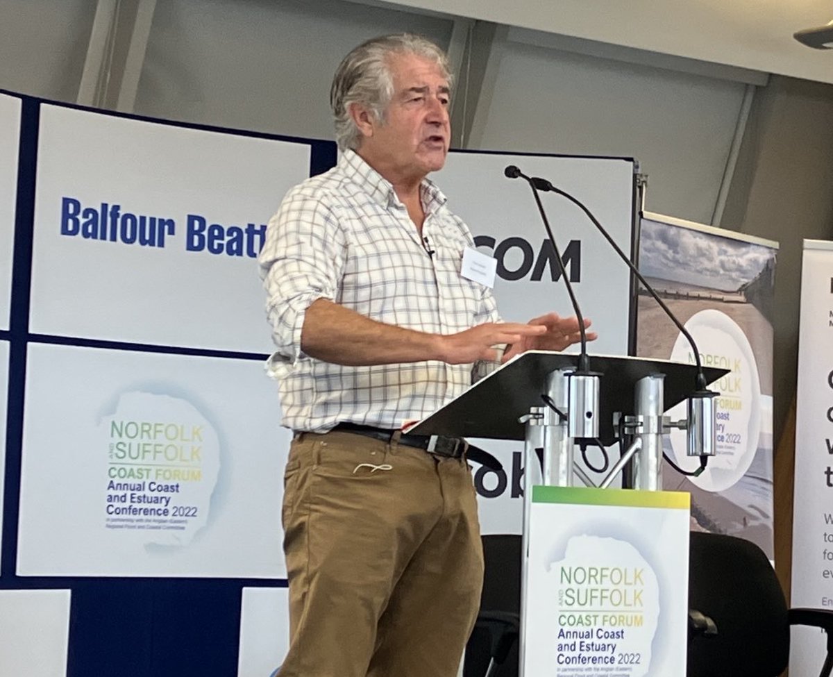 TonyJuniper's tweet photo. Keynote at Norfolk & Suffolk Coast Forum conference. I said we need to move beyond silos in order to adopt intelligent integrated solutions to meet multiple challenges on dynamic coast - for climate, Nature, security, health & economy. More King Charles & less King Cnut, I added. https://t.co/gRRfUNP8rg