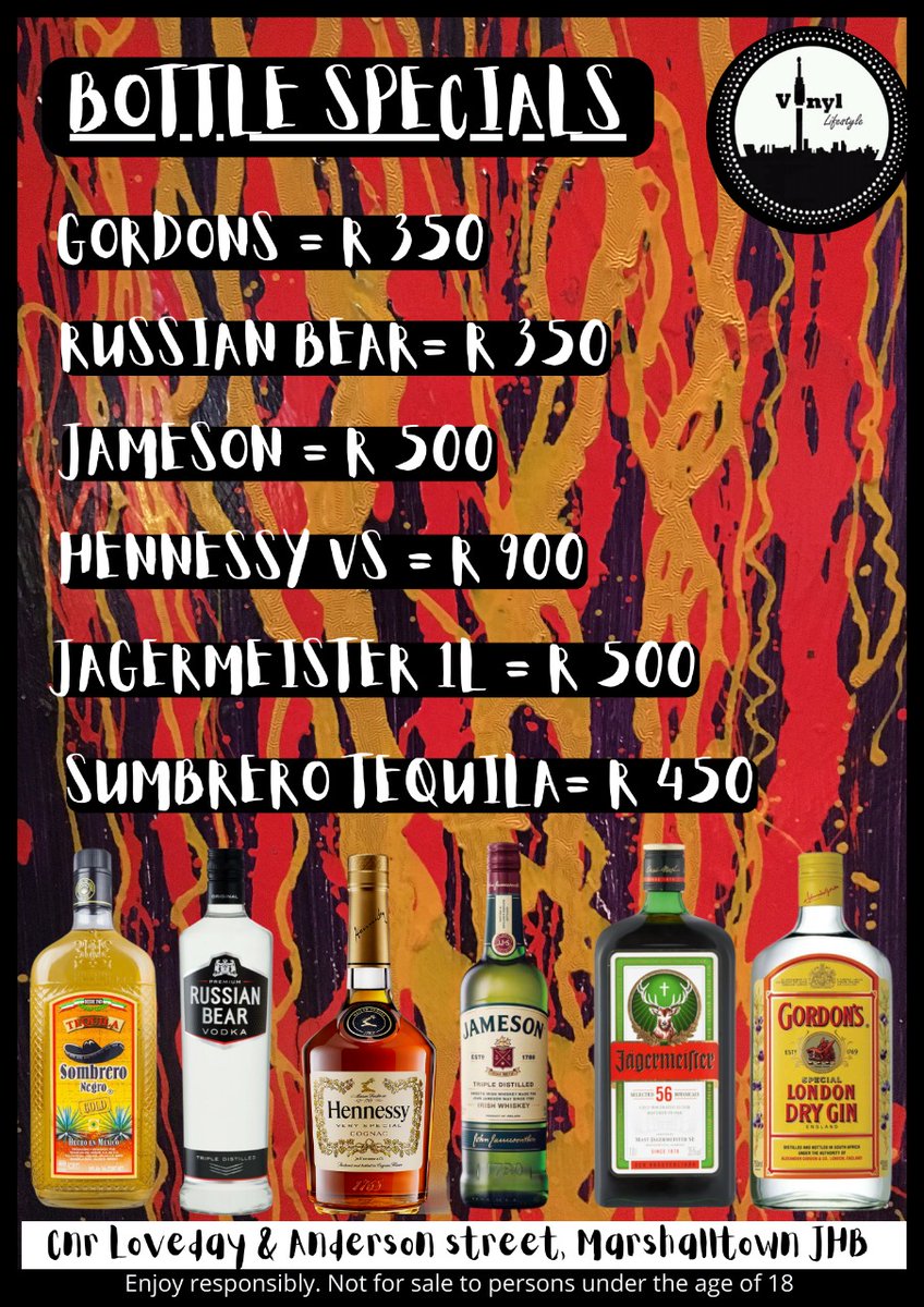 Thursday Specials 🍺

Shooter Special: 
*Buy 4 Get 1 Free Jagermeister or Tequila R100 

Bottle Specials: 
*Gordons R350 
*Russian Bear R350 
*Jameson R500
*Hennessy R900 
*Jagermeister 1L R500 
Sombrero Tequila R450 

📍 13 Loveday &amp; Anderson Street Marshall Town
