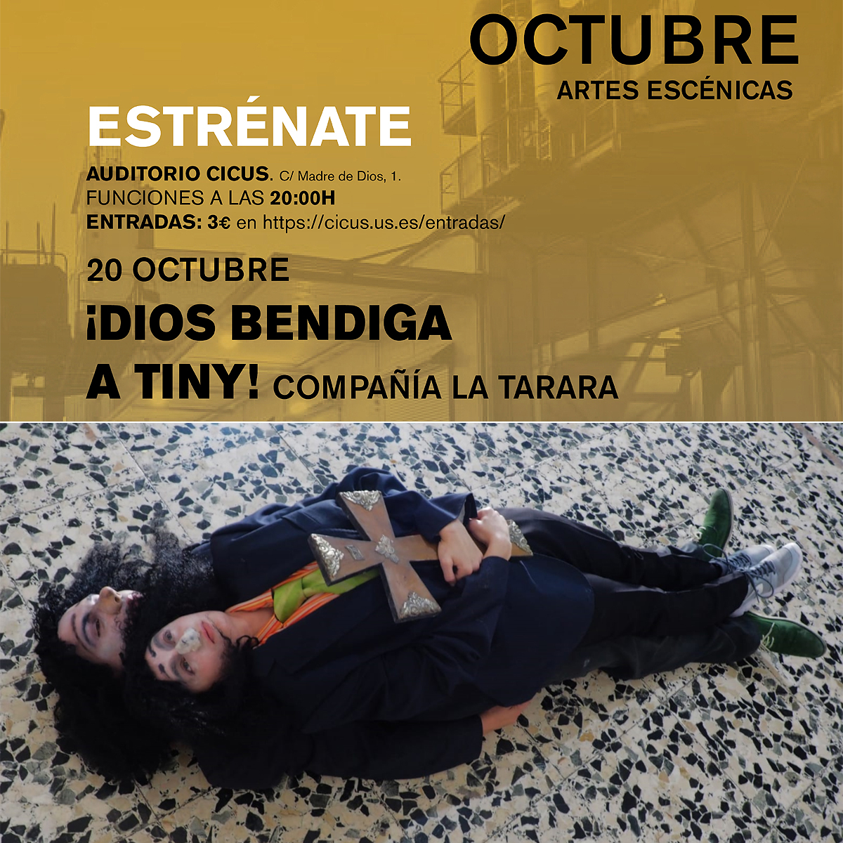 CICUS_'s tweet photo. 📌 Jueves 20 OCT, 20 h, nueva sesión de #Estrénate en #CICUS @unisevilla. 🎭 @Latararateatro presenta "¡Dios bendiga a Tiny!", una tragicomedia protagonizada por dos #outsiders de flequillos largos e ideas románticas

ℹ https://t.co/9f1lZ8EI2e
🎟 https://t.co/kWcMDvRjZZ https://t.co/Uv0pJr6nwc