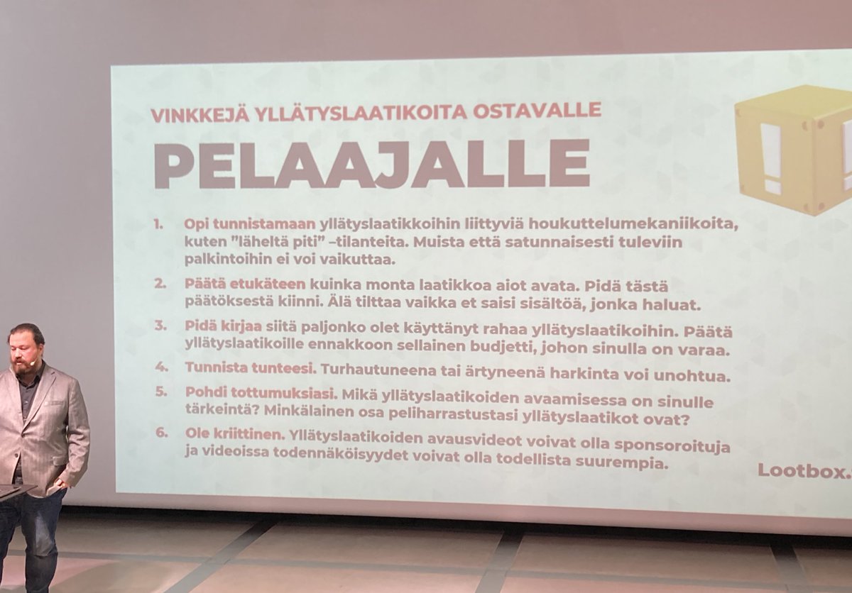 mediakasvatus's tweet photo. Mainio vinkkilista digipelaajille yllätyslaatikoista eli ”lootboxeista” Oivallus-seminaarissa. Vinkkien takana @Nettiguru ja @MVMerilainen
#digipelit
Lyhyesti:
👾Tunnista houkutukset
👾Tee päätös
👾Kirjaa ostot
👾Tunnista tunteesi
👾Pohdi tottumuksiasi
👾Ole kriittinen https://t.co/BSKA4opi9w