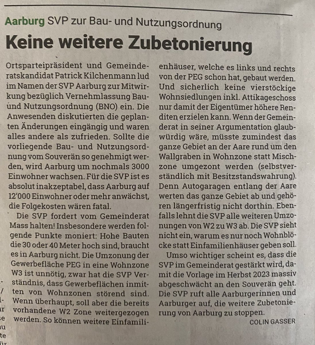 Wer keine Zubetonierung will wählt SVP
Patrick Kilchenmann in den Gemeinderat