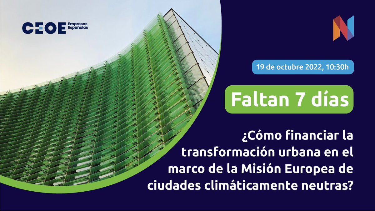 ¿Cómo financiar la transformación urbana en el Marco de la Misión Europea de Ciudades Climáticamente Neutras? <a href="/CEOE/">Totematletl Mexico</a>, <a href="/La_UPM/">Universidad Politécnica de Madrid</a>, <a href="/ClimateKICspain/">Climate-KIC Spain</a>. 

👉 ¡Apúntate ya de forma presencial u online! Quedan pocas plazas... lnkd.in/dqHCEzXS