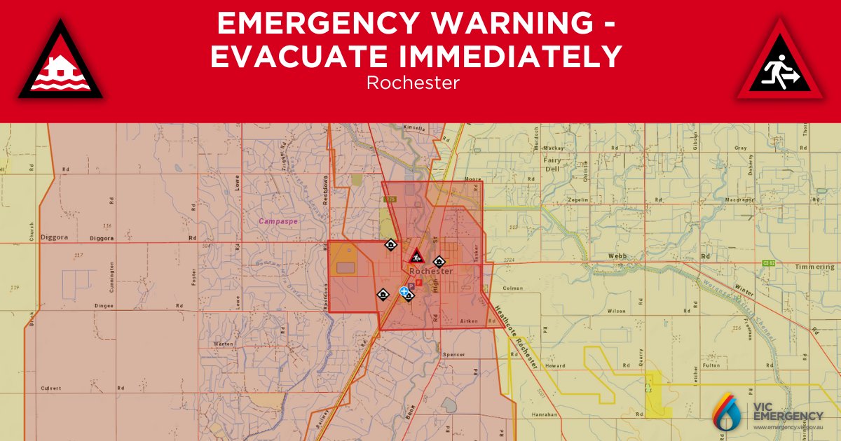 This EMERGENCY WARNING - RIVERINE FLOOD - Evacuate Immediately has been issued for Rochester

The duration of the flood event is likely to be between 7 and 10 days.

If you are located in Rochester, it is recommended you Evacuate Immediately. 

Details: emergency.vic.gov.au/respond/#!/war…