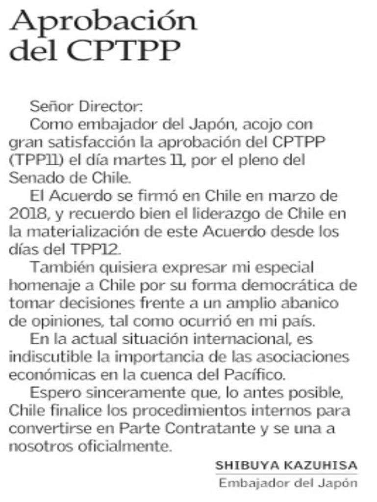 Embajador de Japón destaca la forma en la que se aprueba el TPP “mi especial homenaje a Chile por su forma democrática de tomar decisiones”…