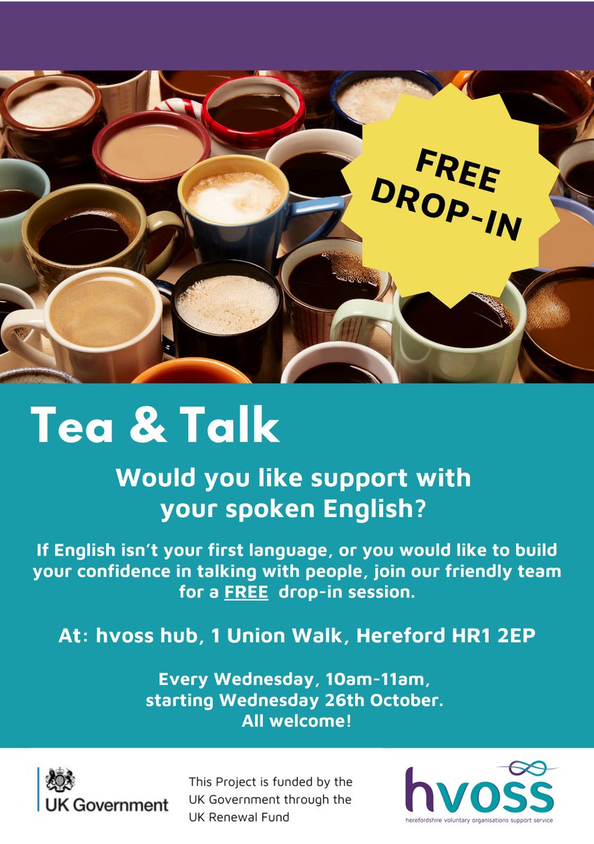 Tea & Talk is back! If English isn't your first language, or if you would benefit from support in talking in a group setting, join us for a free drop-in session at 1 Union Walk, Hereford. Starting Wed 26 Oct. #UKCommunityRenewalFund #HerefordHour #whatson #hereford