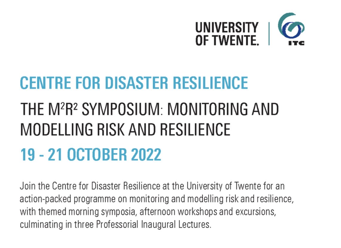 🗓 Today is the International Day for Disaster Risk Reduction The monitoring and modelling risk and resilience symposium M2R2 (@DisasterResil) will take place from 19 - 21 October 2022 at the @UTwente campus Learn more via bit.ly/3xRZOJW #DisasterRiskReduction