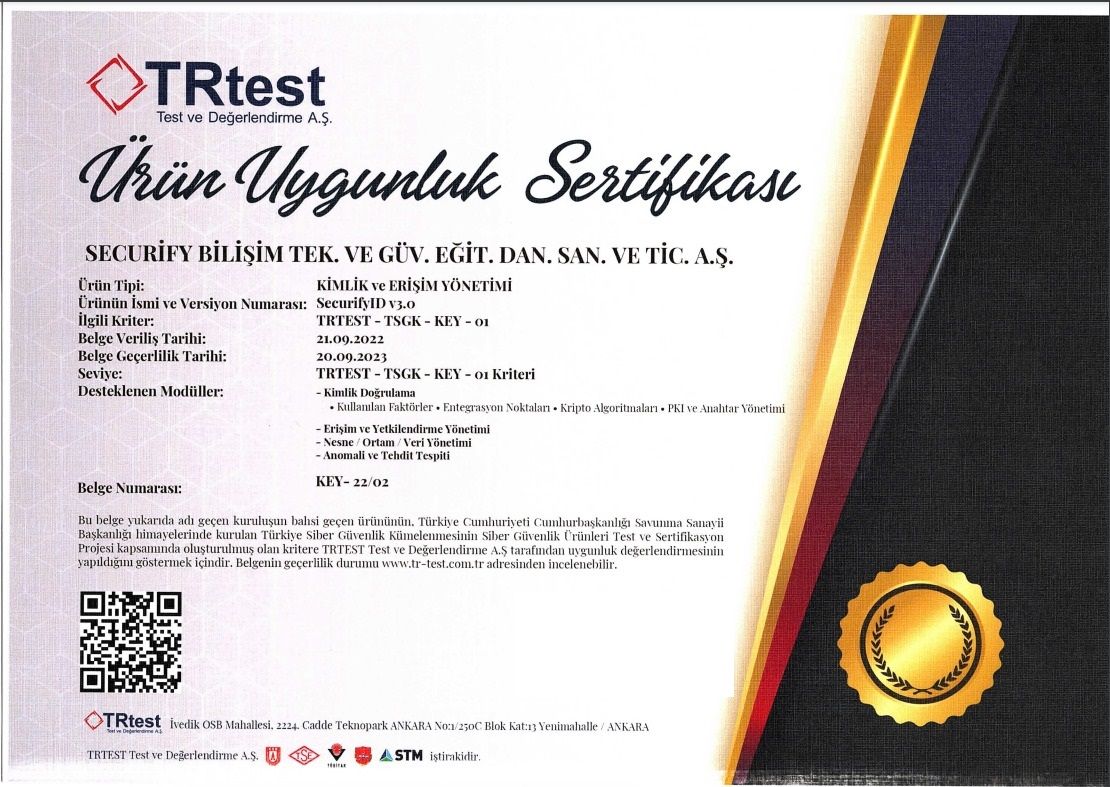 SecurifyID, Anomali ve Tehdit Tespiti işlevini de içerecek şekilde TRTEST (<a href="/TrtestAs/">TRTEST Test ve Değerlendirme AŞ.</a> ) sertifikasını almaya hak kazanan Türkiye'deki ilk bütünleşik kimlik ve erişim yönetimi ürünü oldu. Gururluyuz.
