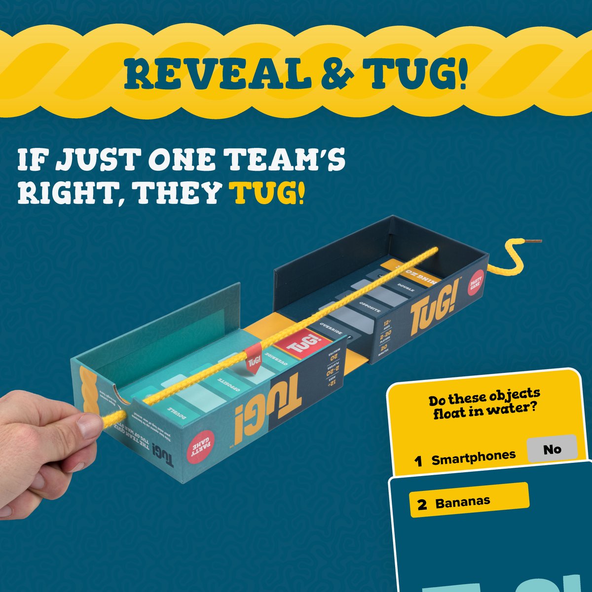 Introducing our brand new game Tug!
The game box unfolds into a mini tug of war arena with a suspended rope and flag! Split into two teams and answer fun 50:50 questions, and if just one team gets it right they tug! confidentgame.com for more info or links on where to buy😎
