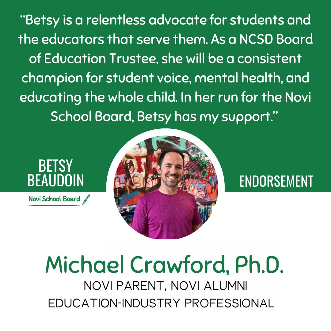 betsy4ncsd's tweet image. Michael Crawford’s endorsement is an honor. As an alumni &amp;amp; a dad, he cares about our students &amp;amp; schools. As a professional, he has insight into how we can help our students soar. I’m excited by the chance to serve Michael’s kids, your kids, and #eachchildeachday. #betsy4ncsd
