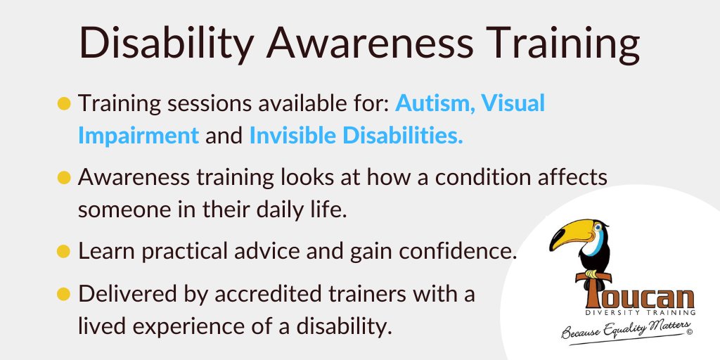 ToucanDiversity's tweet photo. Do you know what #DisabilityAwarenessTraining is? Unlike other training, awareness training looks at how a condition affects someone in their daily life.
We offer a variety of sessions and you can read more about them here:https://t.co/MsZstJTr4A https://t.co/Fp9lgYEnCX