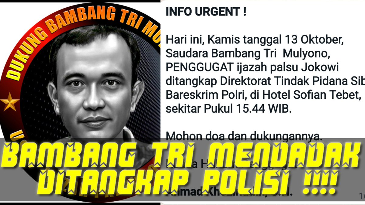 [BREAKING NEWS] Bambang Tri, Si Penggugat Ijazah Jokowi Ditangkap Bareskrim Polri! repelita.com/breaking-news-…
Kamis, 13 Oktober 2022

Hhhhmm.... 
Kok ditangkap seeh ?! 
Harusnye buktikan dipengadilan dunk....!!! 🙄🤔