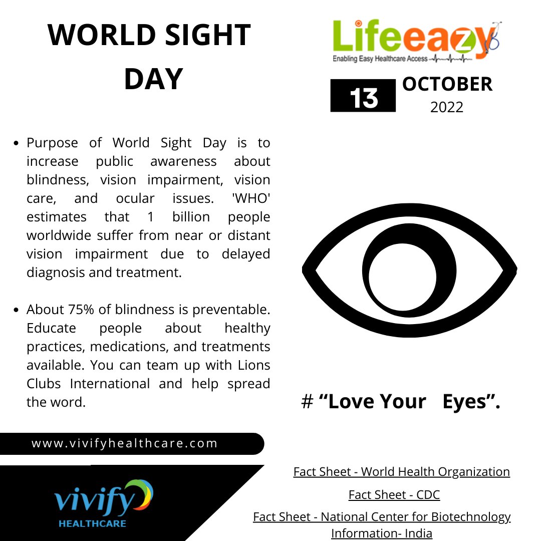 lifeeazy's tweet photo. “Love Your Eyes” 
World Sight Day !

Factsheet | CDC – https://t.co/7zR0ZzZ1qW
Factsheet |WHO – https://t.co/oCbCrC73co
Factsheet | NCBI – https://t.co/C8igDPgTUF

#worldhealthorganization #lifeeazy #vivifyhealthcare #vivifyhealthcarein #WorldSightDay #Act4SDGs https://t.co/8yAEf9Pir2