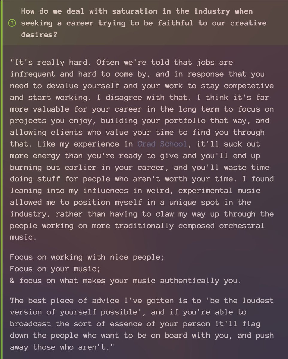 halfsunksound's tweet photo. So I've been slowly going through all the talks from #highscore22 making notes for my obsidian vault and I thought this response from @visagermusic was absolutely amazing, figured I'd share! https://t.co/Y17eVAr1Bb