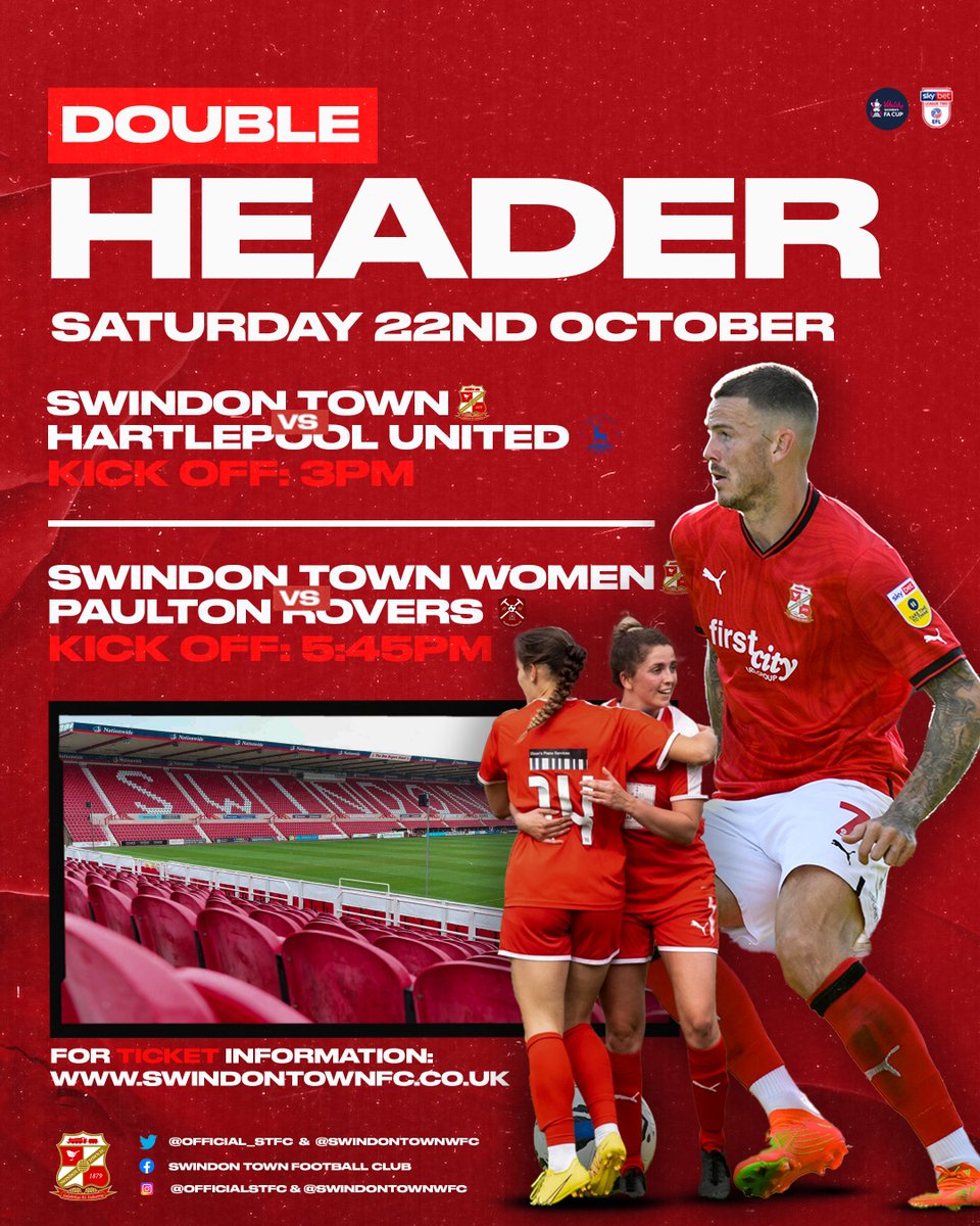 County Ground gearing up for historic double-header...

Swindon Town Women’s FA Cup showdown with Paulton Rovers will follow League Two clash with Hartlepool United at SN1.

Read the full story👇👇
swindontownfc.co.uk/news/2022/octo…

#STFC 🔴⚪️