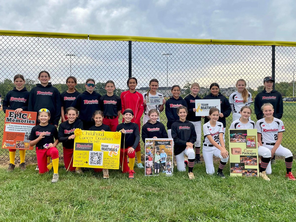 rev_fastpitch's tweet photo. Revolution Fastpitch Schwanda and Revolution 12U - Romano teamed up for Team Mathias and collected items during September for Childhood Cancer Awareness Month!
@Rev_Schwanda
#revolutionfastpitch #MathiasStrong #QuinnStrong #ChildhoodCancerAwarenessMonth https://t.co/R6g3LsUSrC
