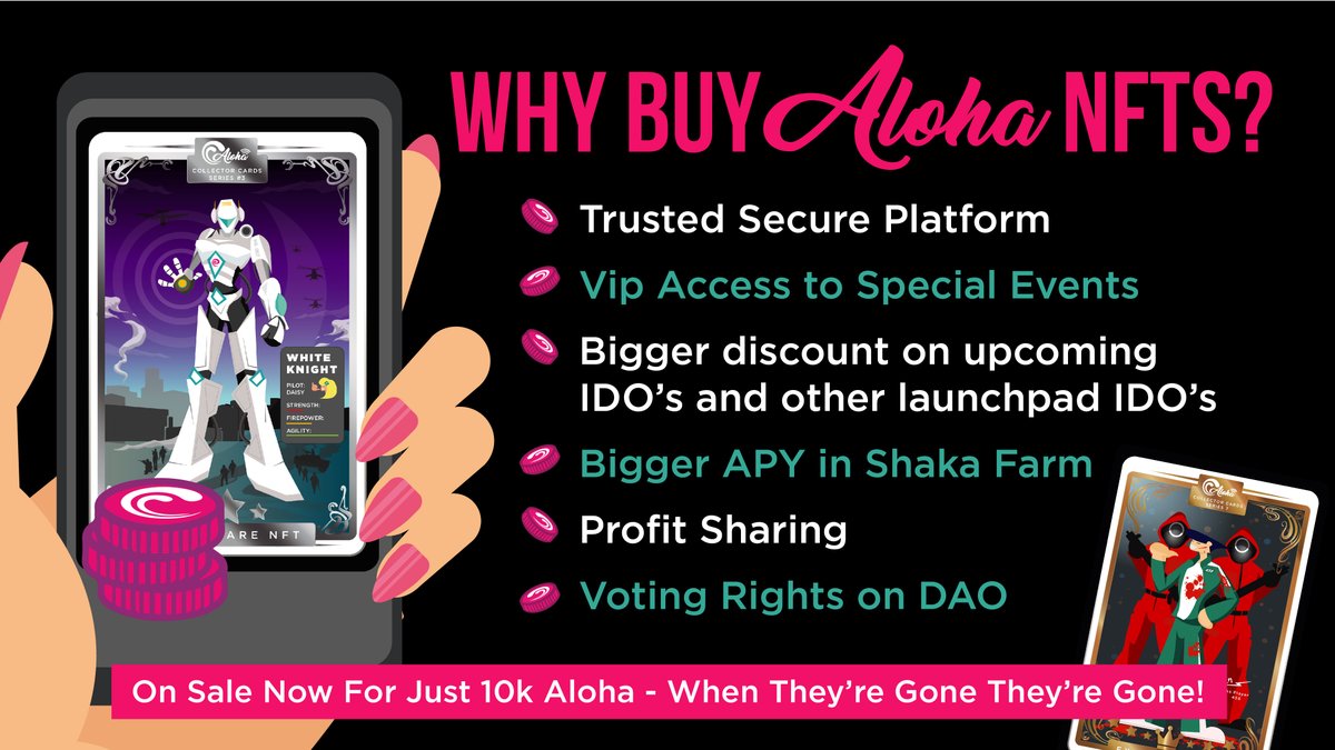 AlohaDefi's tweet image. $ALOHA

Owning Aloha #NFTs comes with a bag full of perks! 

Check some of them below: 

Buy the packs here: alohadefi.io/buy-packs 

#NFT #NFTCommunity #NFTcollectibles #DAOs #defiyield #nftart #NFTGame