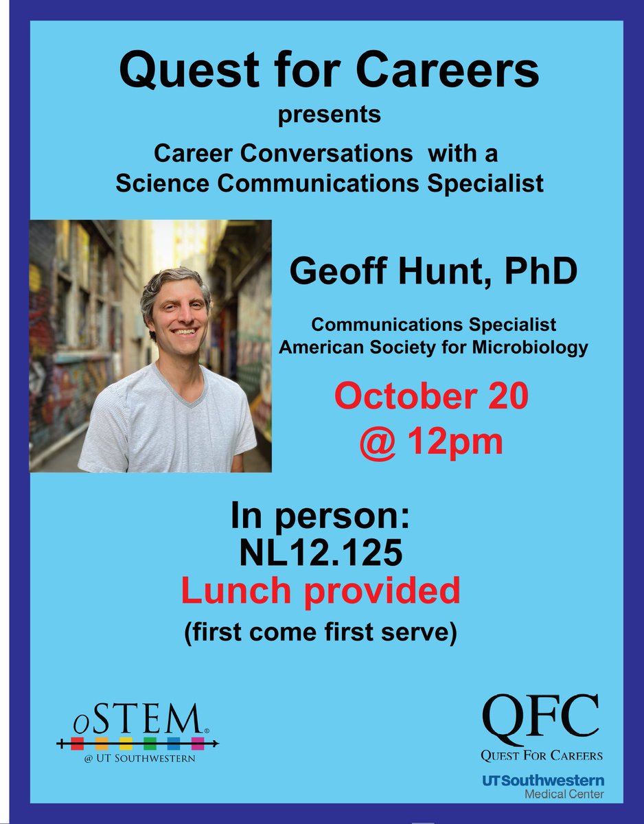 We are back with our quest for careers! Come join @TheGeoffHunt as he talks about his role as communication specialist for ASM. Thank you to @UTSW_ostem for co-hosting! #SciComm #phdcareers