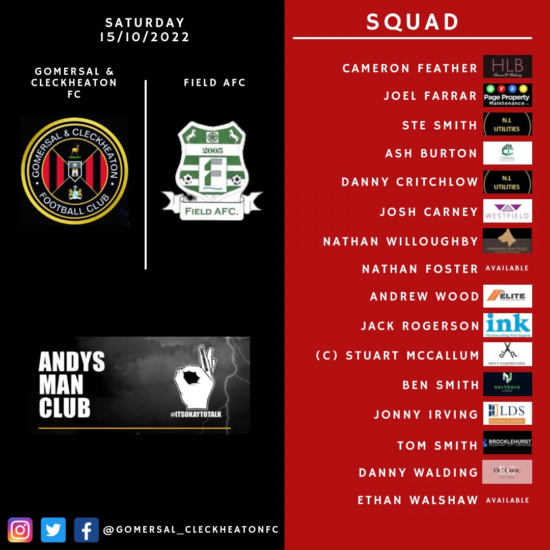 GomersalCleckFC's tweet photo. SQUAD ANNOUNCEMENT

🏆 Bradford District Cup Round 2 

📍Field Sport &amp; Social Club BD7 2RE

⏰ 14:30 https://t.co/Ep6OE0gRID