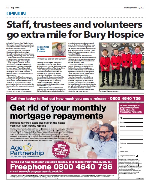 Read Helen Lockwood's column in this week's <a href="/BuryTimes/">Bury Times</a> as she turns the spotlight on Bury Hospice trustees Donna McNicoll, Devin Cassidy, Deborah Lisle and our Hospice kitchen manager, Diane Fenton and volunteer, Barbara Murray.

Read the article here: burytimes.co.uk/news/23041766.…