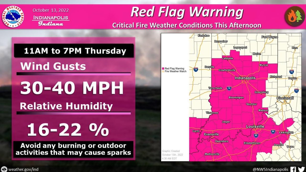 SCI_WX's tweet photo. 🚨Weather Alert🚨 Red Flag Warning is in effect from 11am-7pm today (10/13/22). Critical fire conditions will occur caused by low humidity and gusty winds. Avoid all burning as a small fire could easily spread. Graphic from NWS. https://t.co/ckh5dXlXfA