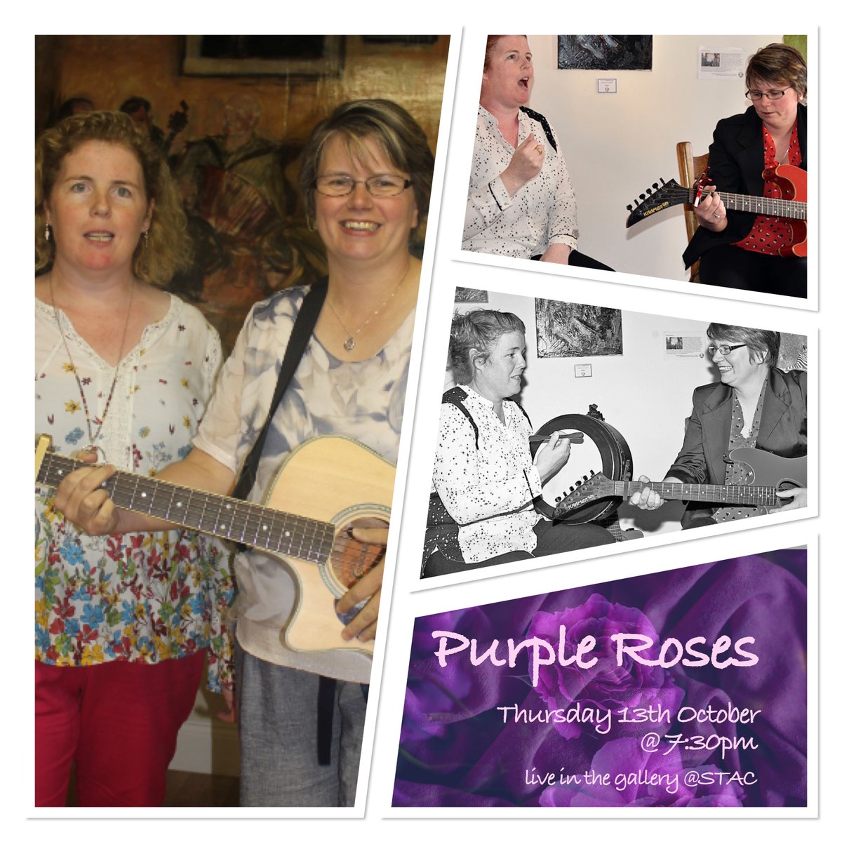 SouthTippArts's tweet image. 'Purple Roses' - aka Marie Walsh &amp;amp; Jane McLoughlin - perform at tonight's Acoustic Session in the gallery at STAC.  This will be an intimate set in a beautiful setting, and it's FREE!!  Supported by @DeptCultureIRL  @TipperaryArts as part of the #llpps
eventbrite.ie/e/433617259897