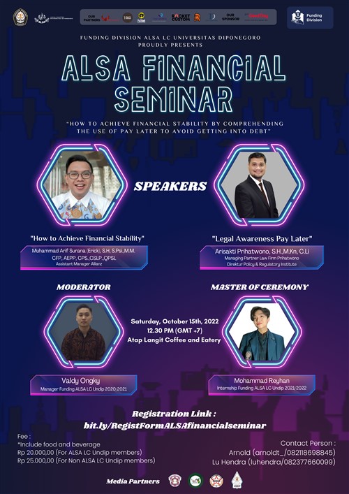 eventsemarangid's tweet photo. [ALSA FINANCIAL SEMINAR 2022]

Saturday, 15th October 2022 
12.30 PM (GMT+7) - Finish
Atap Langit Coffee n Eatery

Registration Fee : Rp 20.000 (For ALSA LC Undip members)
Rp 25.000 (For Non ALSA LC Undip members)

CP : 082118698845 / 082377660099 https://t.co/yZOSVoAmwP